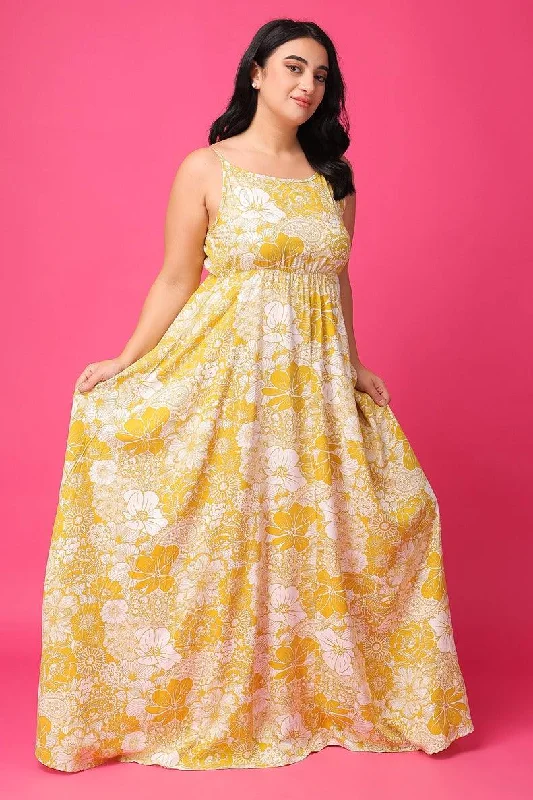 Yellow & White Floral Printed Maxi Dress Elegant Maxi Dress with Drapes