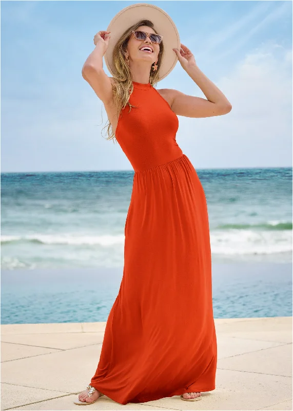 High Neck Maxi Dress - Tangerine Tango Comfortable Maxi Dress with Belt