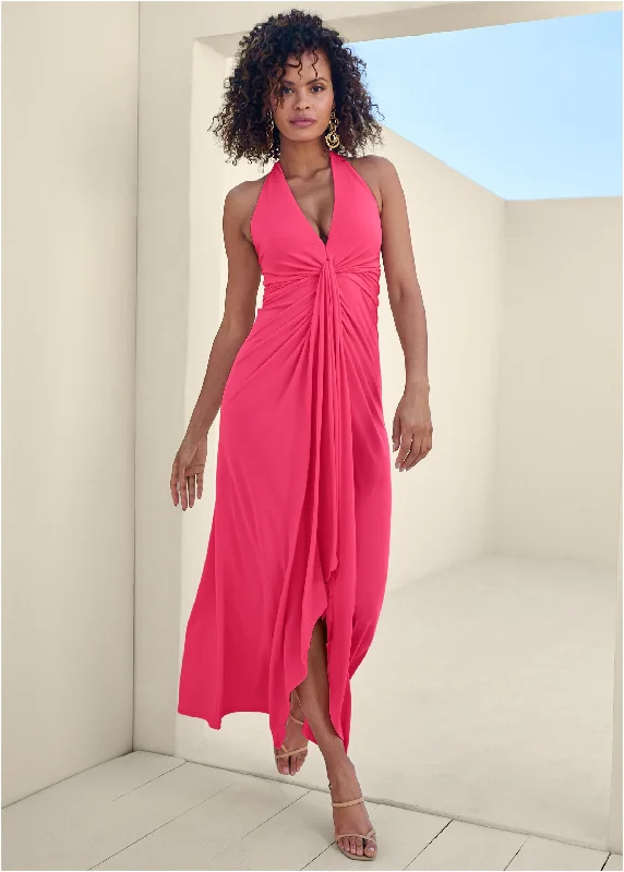 Plunging Knot Maxi Dress - Azalea Fashionable Off-Shoulder Maxi Dress