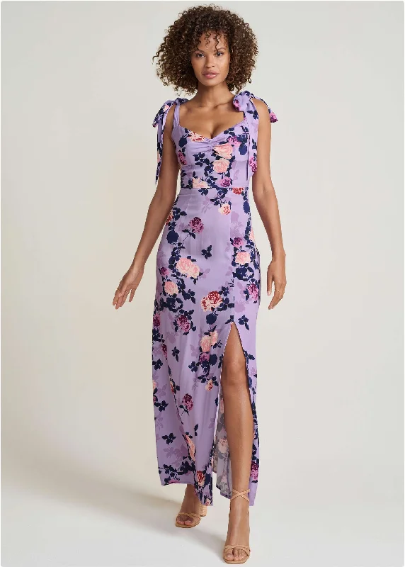 Tie Shoulder Maxi Dress - Purple Multi Comfortable Plunging Neckline Maxi Dress