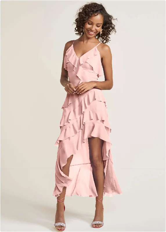 High-Low Ruffle Maxi Dress - Pink Trendy Maxi Dress with Belt