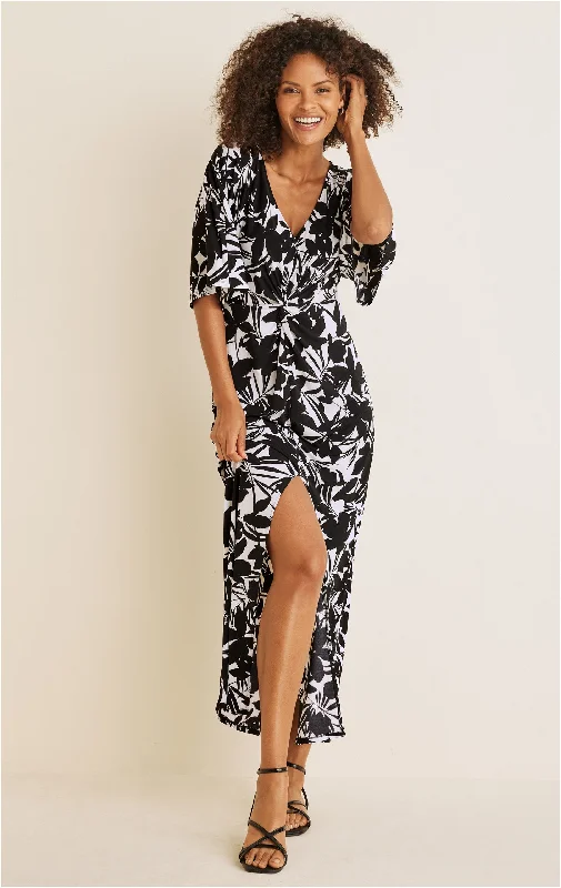 Twist Front Maxi Dress - Exotic Shadow Floral Fashionable Off-Shoulder Maxi Dress