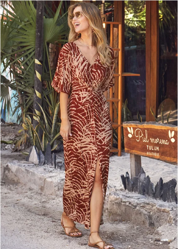 Twist Front Maxi Dress - Mystic Palm Elegant Maxi Dress with Belt