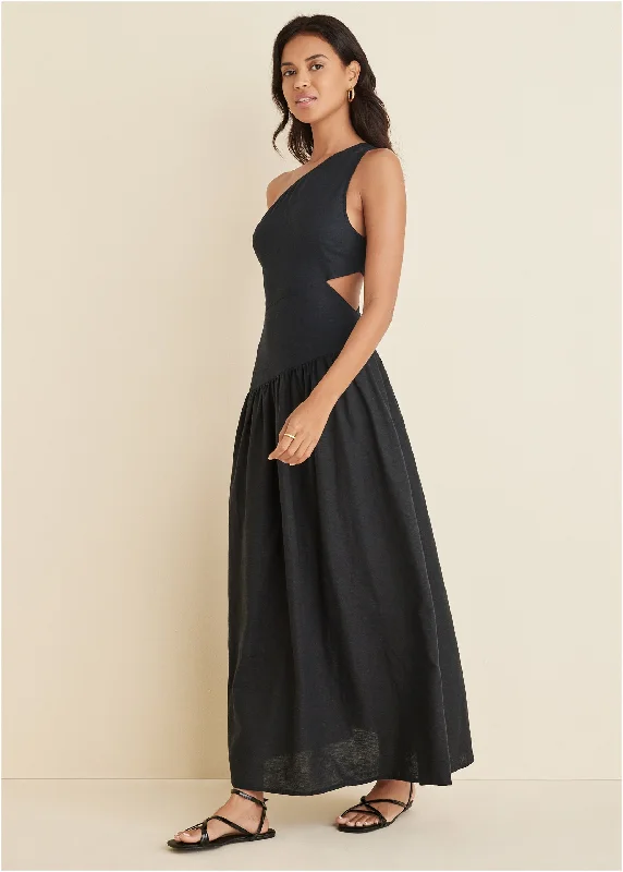 Linen Cutout Maxi Dress - Black Cozy Ruffle Sleeve Maxi Dress