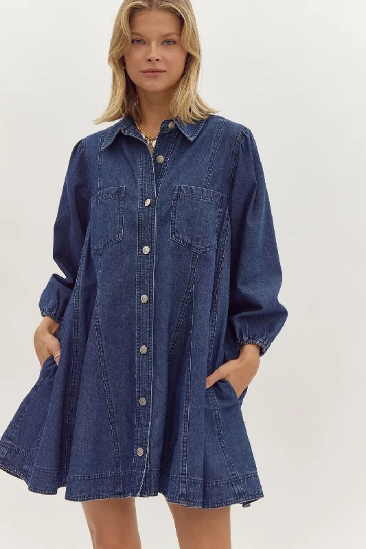 Denim Collared Button Up Long Sleeve Mini Dress Fashionable Polka Dot Mini Dress