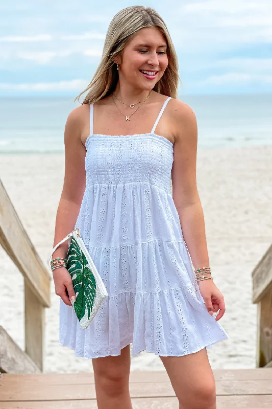 Beach Babe Smocked Eyelet Mini Dress - White Casual Mini Dress with Pockets