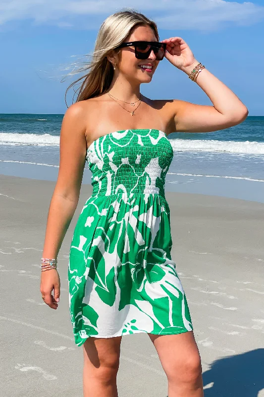 Pretty In Paradise Smocked Mini Dress - Green Hibiscus Comfortable One-Shoulder Mini Dress