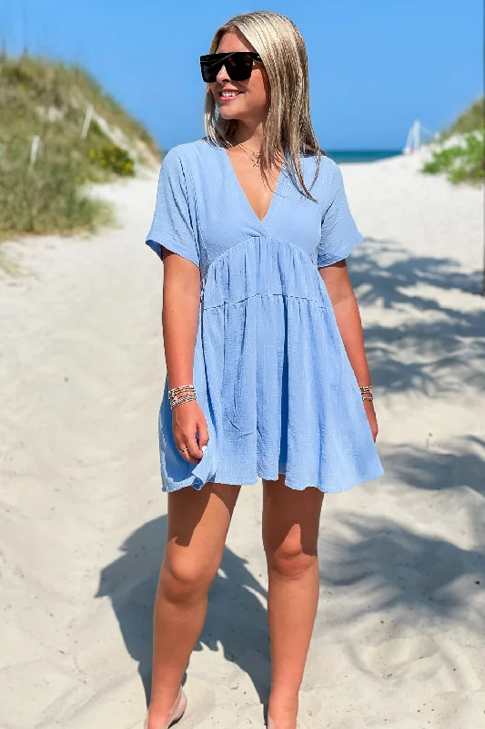 Skies The Limit Tiered Mini Dress - Lt. Blue Stylish Short Sleeve Mini Dress