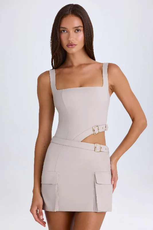 Belted Cut-Out Mini Dress in Taupe Comfortable Wrap Mini Dress