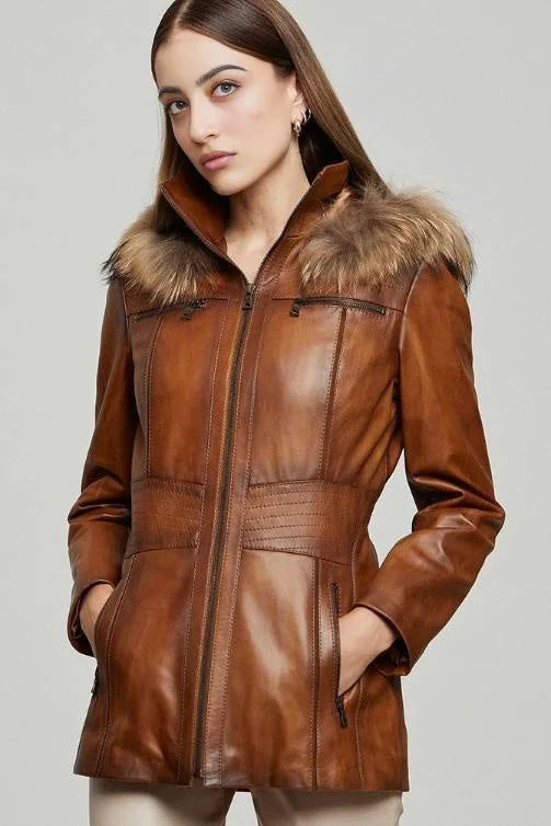 Ariana Women’s Leather Jacket with Faux Fur Hood - Brown Notch Collar Jacket Peter Pan Collar Jacket Cowl Neck Jacket