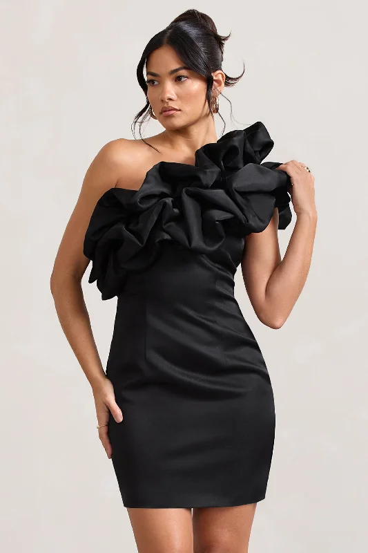 At The Opera | Black Satin One Shoulder Ruffled Mini Dress Classic Solid Mini Dress