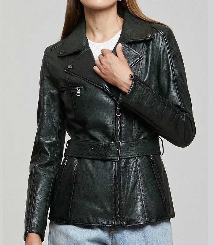 Audrey Green Stylish Leather Jacket With Center Belt For Women Denim Jacket Leather Jacket Suede Jacket