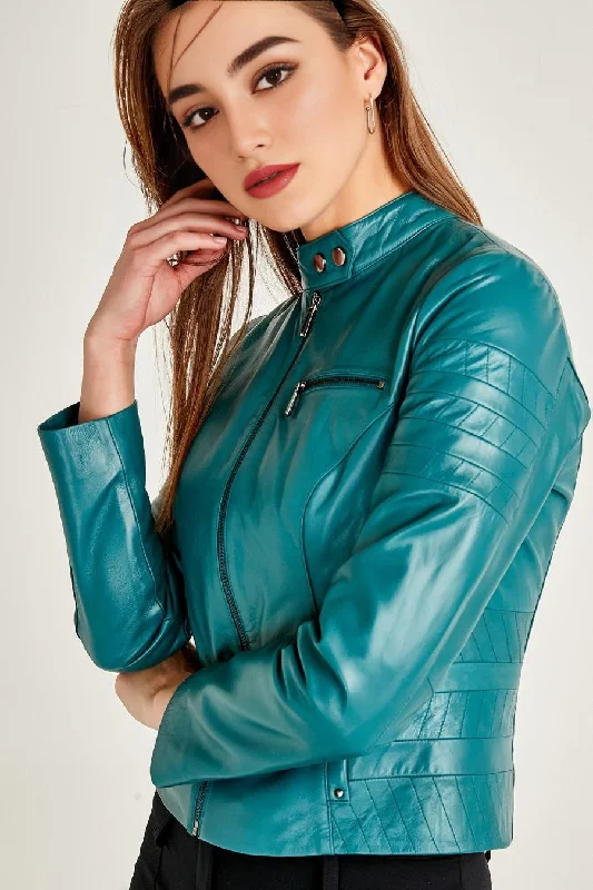 Azure Stylish Blue Leather Jacket For Women Belted Jacket Elasticated Jacket Padded Jacket