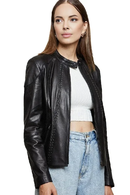 Beatrice Black Leather Jacket For Women Collared Jacket Crew Neck Jacket Turtle Neck Jacket