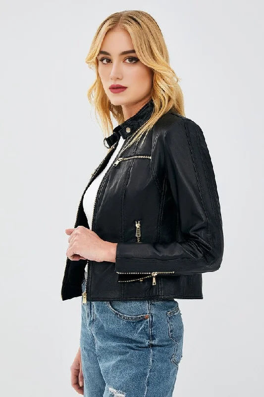 Black Alexa Jacket for Women Denim Fabric Leather Fabric Suede Fabric