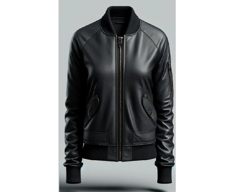 Black Bomber Leather Jacket For Women Hooded Jacket Caped Jacket Shawl Collar Jacket