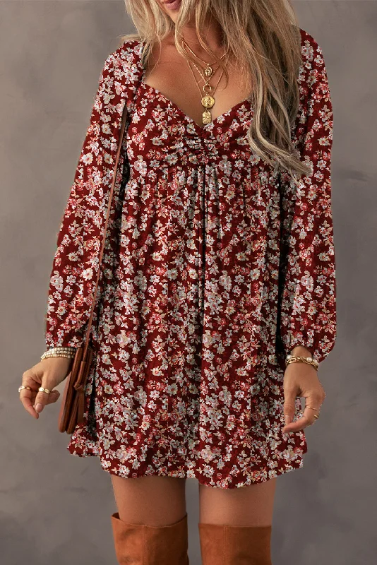 Blossom Beauty: Floral Print Sweetheart Mini Dress with Shirred Back Trendy Floral Mini Dress