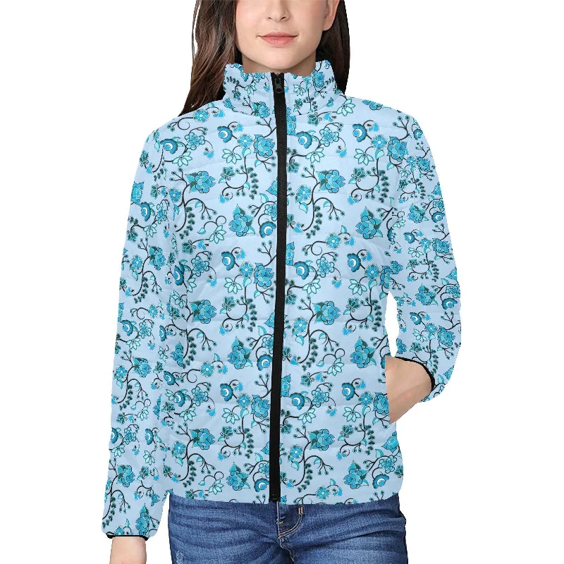 Blue Floral Amour Women's Stand Collar Padded Jacket Front Pockets Side Pockets Patch Pockets