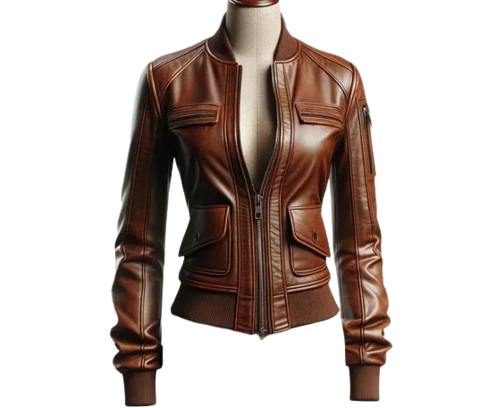 Brown Bomber Leather Jacket For Women Lace Jacket Ribbed Jacket Sequined Jacket