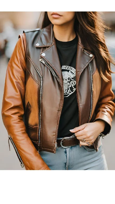 Brown & Dark Brown Biker Racer Leather Jacket For Women Faux Fur Jacket Real Fur Jacket Shearling Jacket