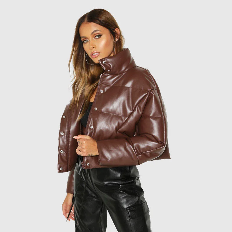 Buy New Style 2022 Bubble Faux Leather Puffer Jacket For Sale Zippered Front Buttoned Front Snap Front