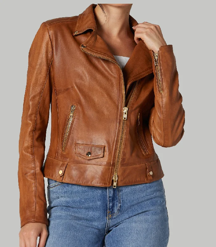 Camel Roxana Brown Biker Leather Jacket For Women Belted Jacket Elasticated Jacket Padded Jacket