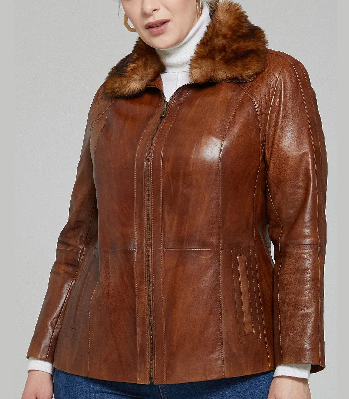 Camel Samantha Women Leather Jacket Tailored Jacket Straight Jacket A-Line Jacket