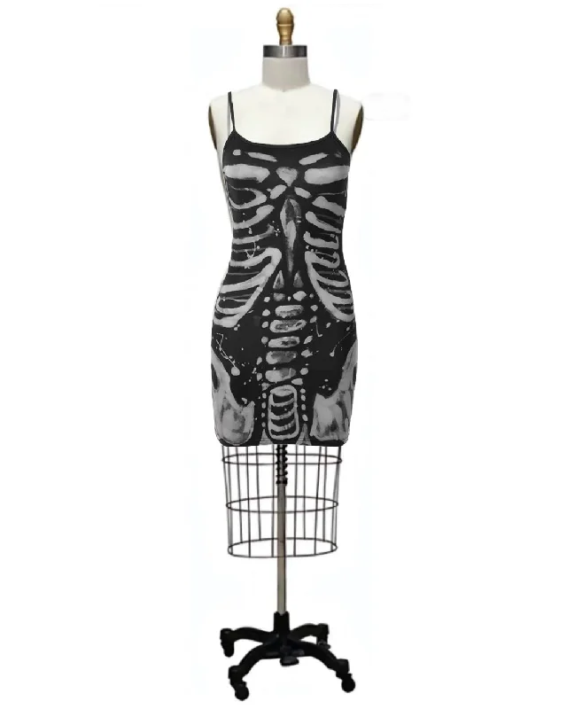 Dem Bones- the Skeleton Print Y2K Inspired Mini Dress Comfortable Boho Mini Dress