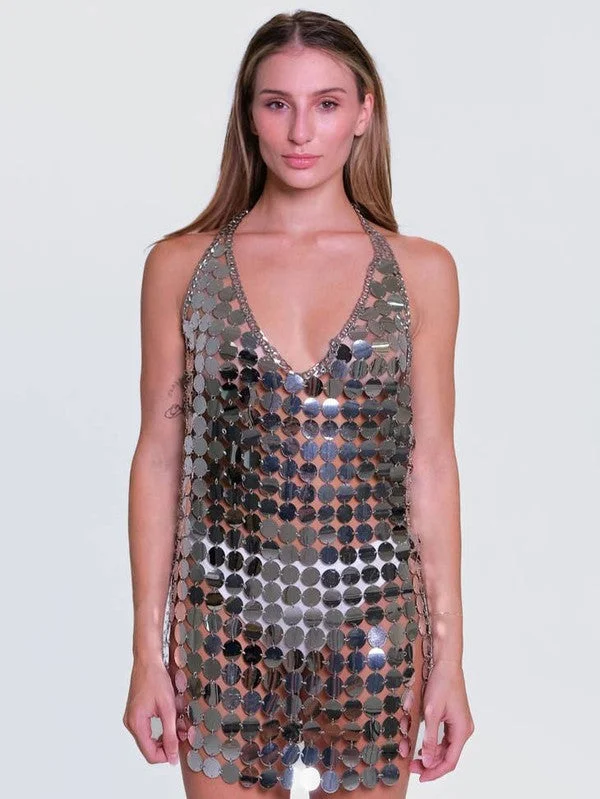 Disco Fever Silver Sequin Disc Mini Dress Chic Mini Dress with V-Neck