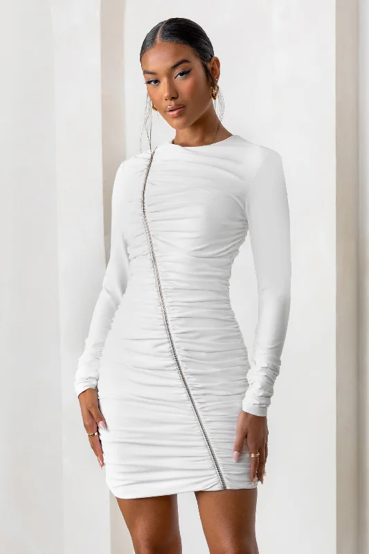 Empowered | White High Neck Long Sleeves Zip Detail Mini Dress Chic Pleated Mini Dress