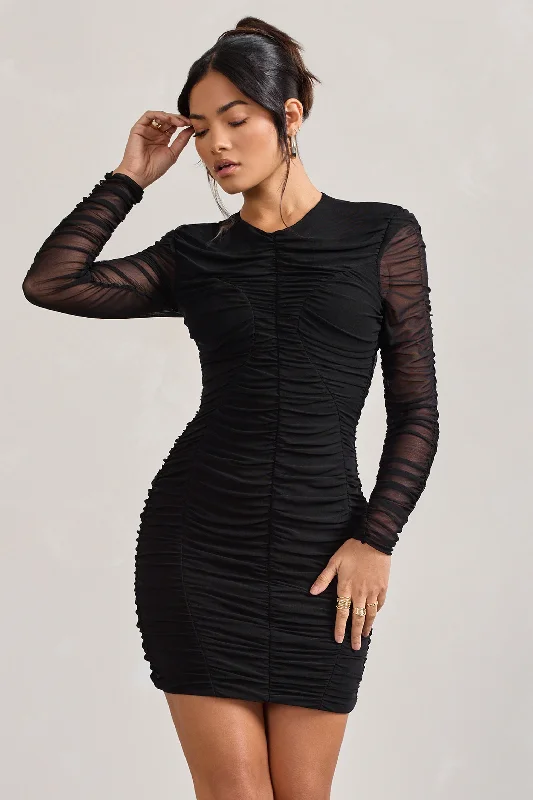 Euphoria | Black Ruched Long Sleeve Mini Dress Comfortable Zip-Up Mini Dress