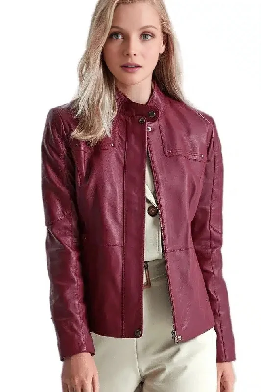 Evangeline Red Women Real Leather Jacket Zippered Front Buttoned Front Snap Front