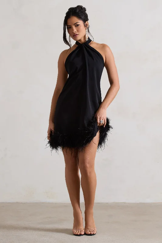 Femme | Black Halter-Neck Smock Mini Dress With Feather Hem Trendy A-Line Mini Dress