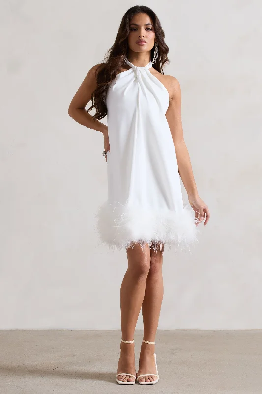 Femme | White Halter-Neck Smock Mini Dress With Feather Hem Cozy Wraparound Mini Dress