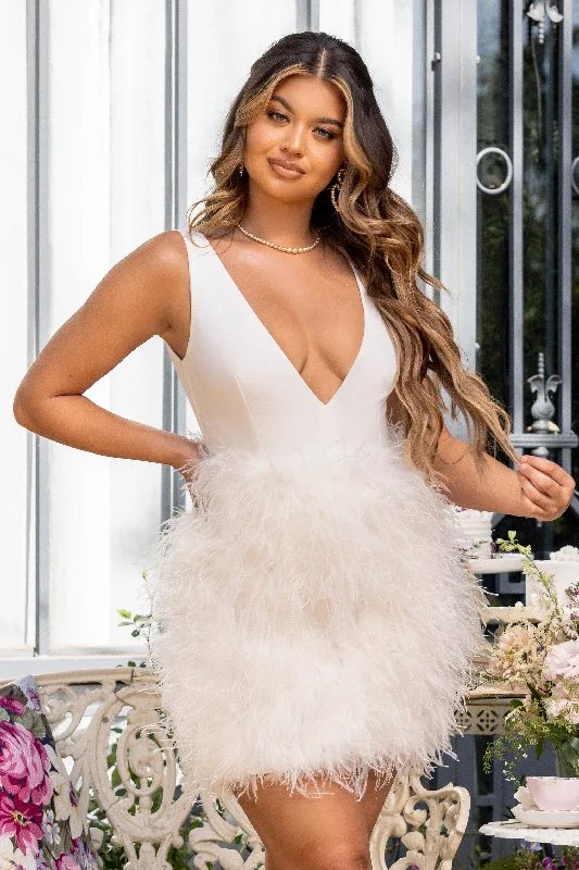 Flirt | White Plunge Front Mini Dress With Feather Skirt Elegant Satin Lace Mini Dress