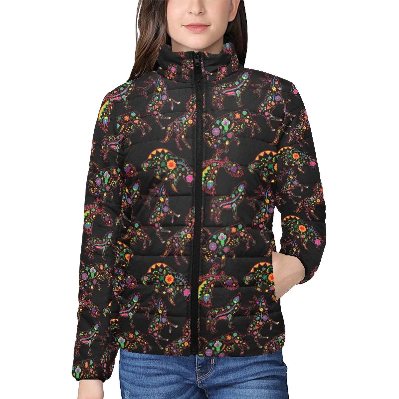 Neon Floral Animals Women's Stand Collar Padded Jacket Welt Pockets Slit Pockets Flap Pockets