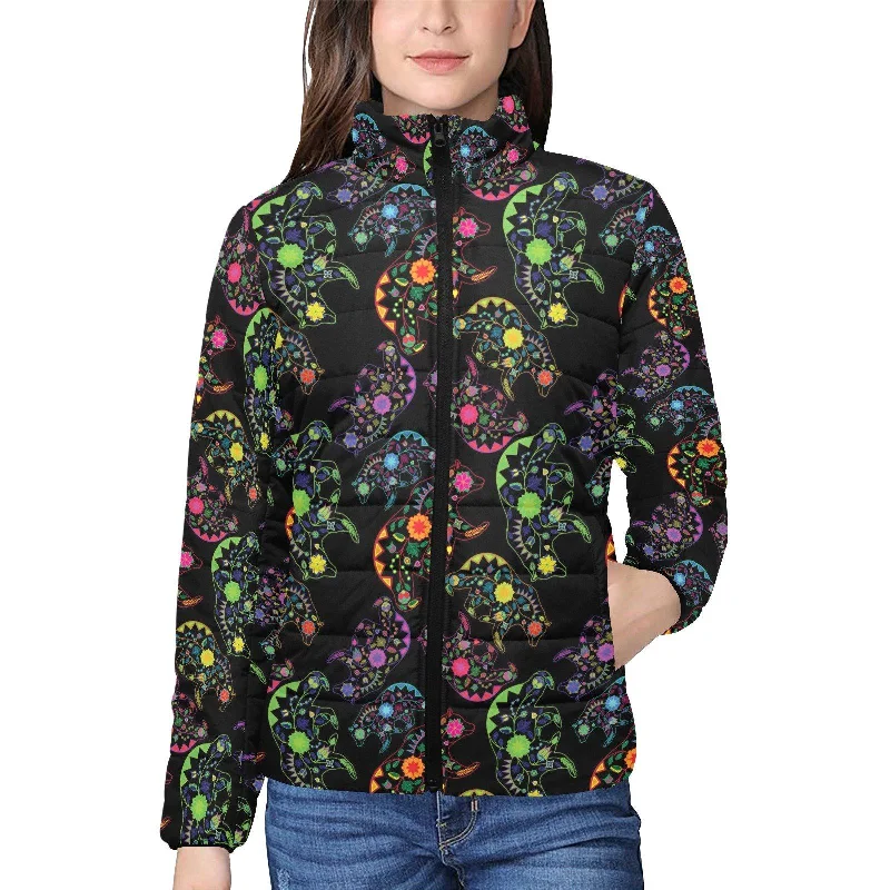 Neon Floral Bears Women's Stand Collar Padded Jacket Hoodie Zip-Up Jacket Button-Up Jacket