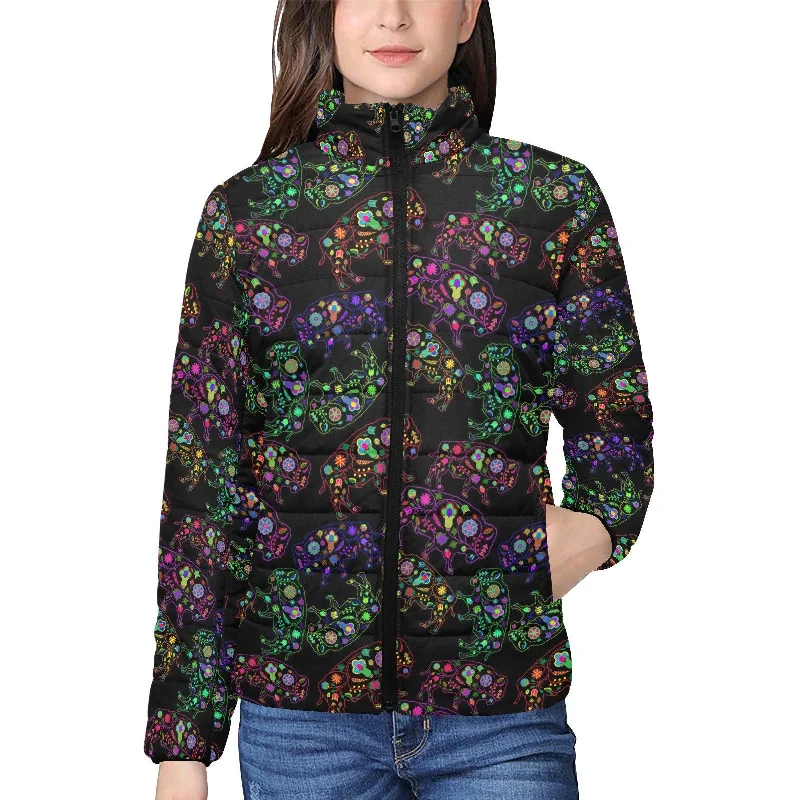 Floral Buffalo Women's Stand Collar Padded Jacket Hooded Jacket Caped Jacket Shawl Collar Jacket