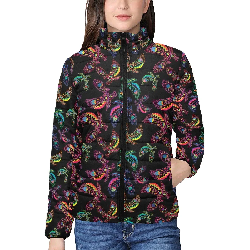 Neon Floral Eagles Women's Stand Collar Padded Jacket Chenille Fabric Brocade Fabric Lace Fabric