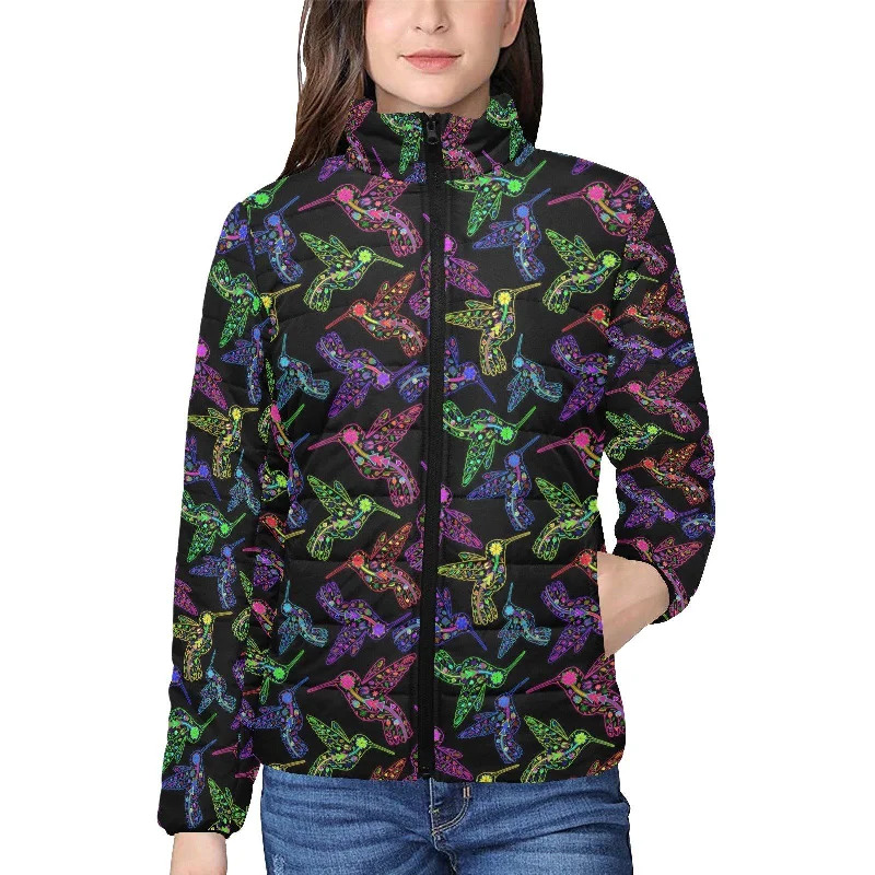 Neon Floral Hummingbirds Women's Stand Collar Padded Jacket Chenille Fabric Brocade Fabric Lace Fabric