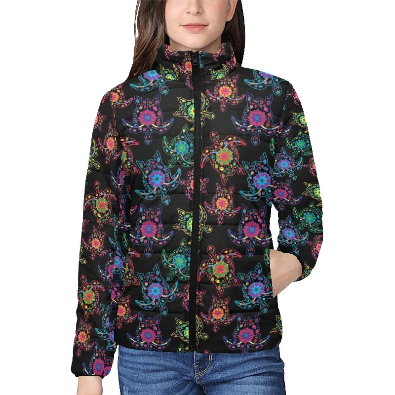 Neon Floral Turtles Women's Stand Collar Padded Jacket Rayon Fabric Velvet Fabric Corduroy Fabric