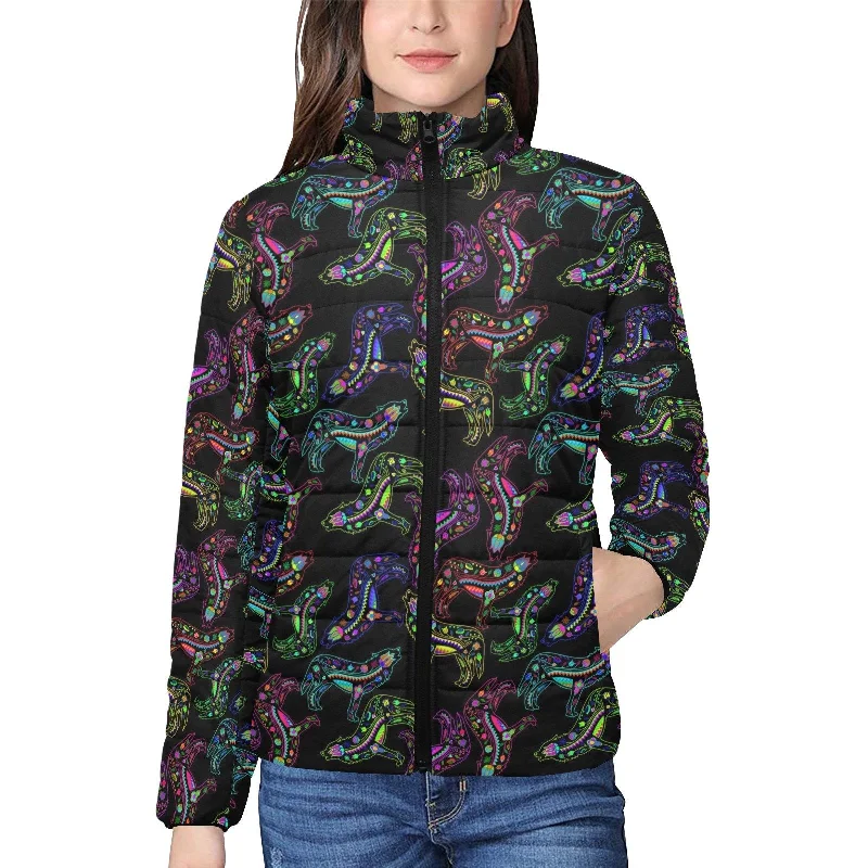 Neon Floral Wolves Women's Stand Collar Padded Jacket Print Jacket Jacquard Jacket Embroidered Jacket