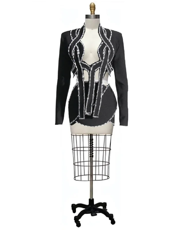 Fran- the Bugle Bead Trimmed Tuxedo Inspired Mini Dress Suit Set Fashionable Boho-Chic Mini Dress