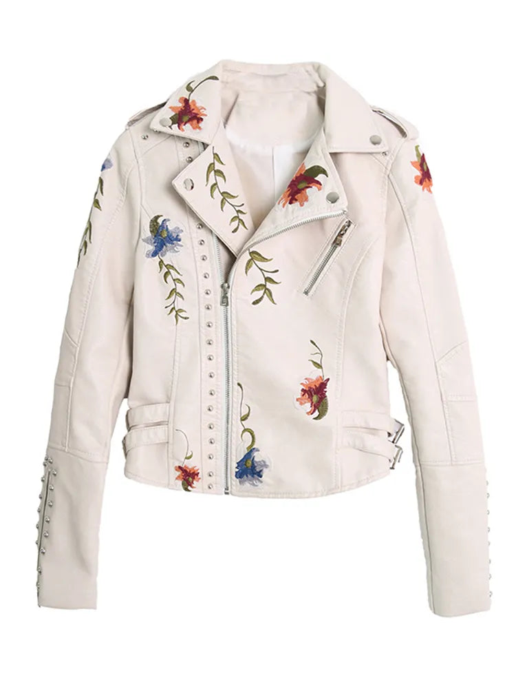 Ftlzz Women Floral Print Embroidery Faux Soft Leather Jacket Coat Front Pockets Side Pockets Patch Pockets