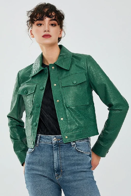 Green Tina Leather Jacket For Women's Tailored Jacket Straight Jacket A-Line Jacket