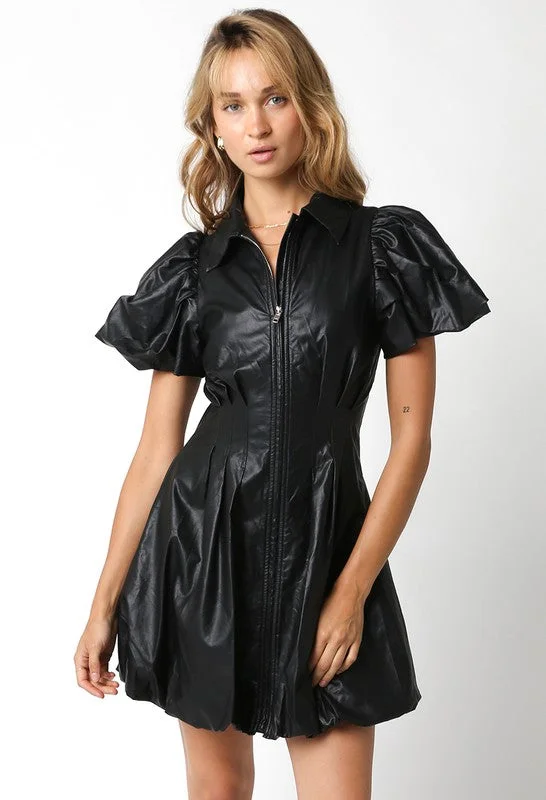 Icon Black Faux Leather Bubble Hem Mini Dress Trendy Wraparound Mini Dress