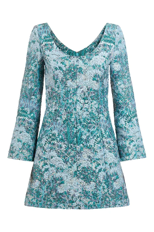 Jane Teal Floral Brocade Mini Dress Elegant Mini Dress with Pleats