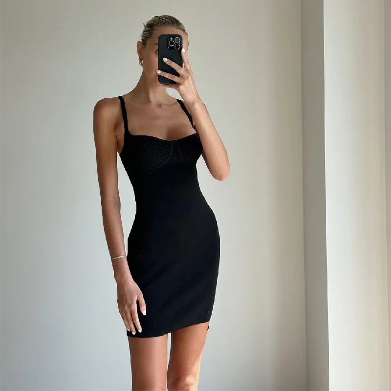 JARA Black Strappy Bodycon Knit Mini Dress Comfortable Smocked Mini Dress