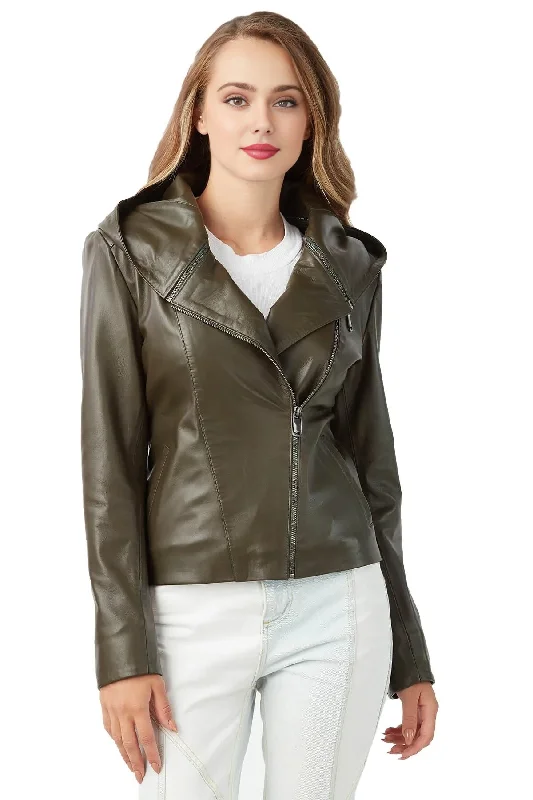 Jessica Green Biker Leather Jacket With Hood For Women V-Neck Jacket Boat Neck Jacket Square Neck Jacket