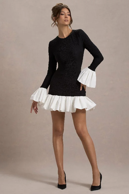 Josefina | Black Long-Sleeve Mini Dress With White Satin Trims Comfortable Shift Mini Dress